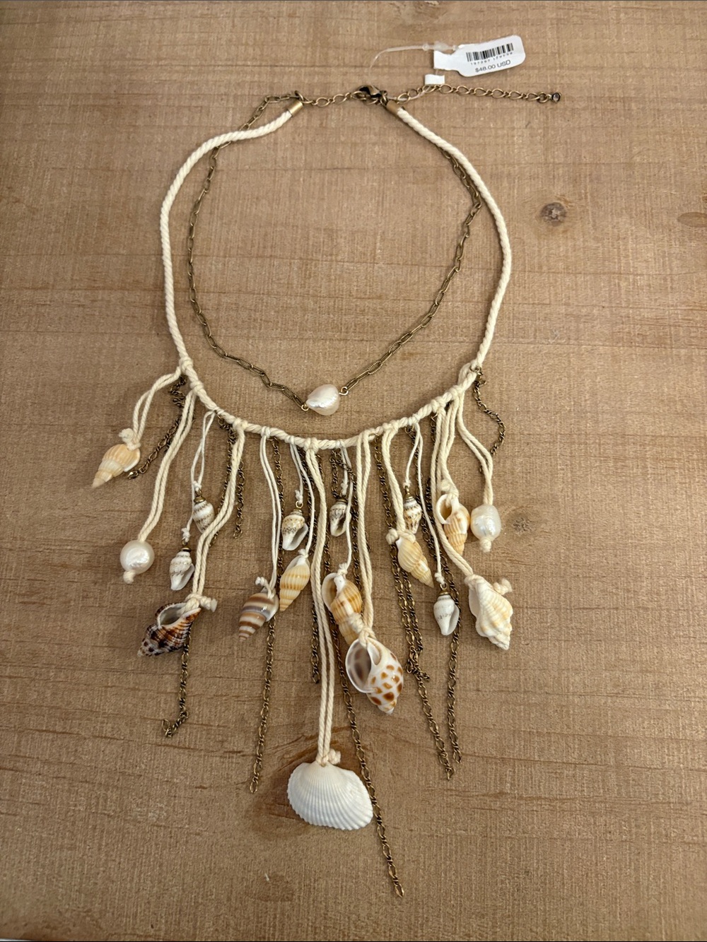 Free People Cream Shell Fringe Necklace with Brass Chains